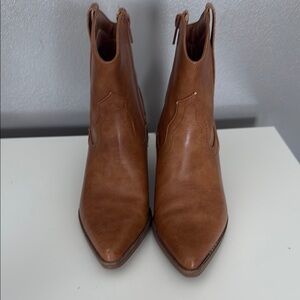 Tan Ankle Booties with Pointed Toe and Stacked Heel